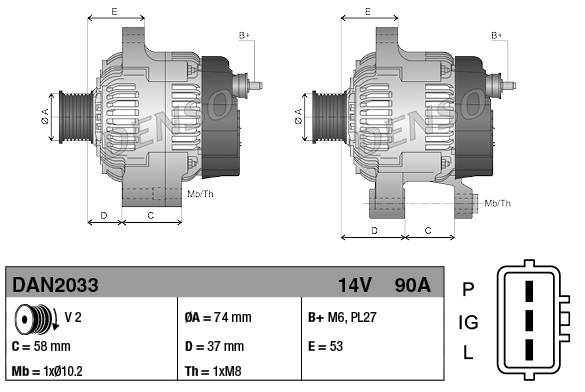 Denso alternator, 14V 90A for Caterpillar 400 Series, two-view technical drawing with mounting dimensions.