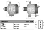 Denso alternator, 14V 90A for Caterpillar 400 Series, two-view technical drawing with mounting dimensions.