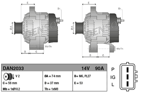 Denso alternator, 14V 90A for Caterpillar 400 Series, two-view technical drawing with mounting dimensions.