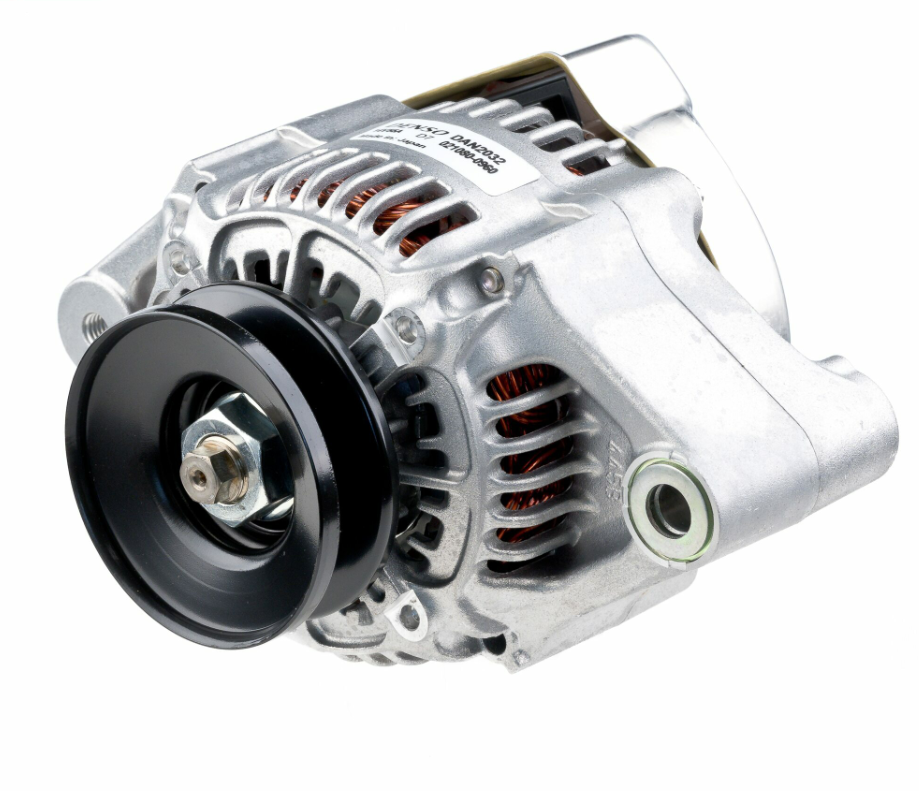 Denso alternator for Caterpillar machinery, 14V 55A, metal housing with black pulley