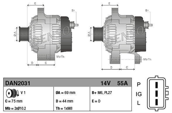 Denso 14V 55A machinery alternator for Caterpillar, dual-view technical drawings with dimensions.