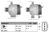 Denso 14V 55A machinery alternator for Caterpillar, dual-view technical drawings with dimensions.