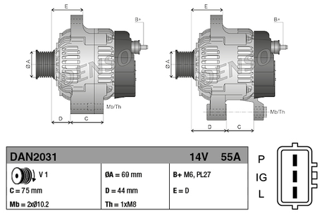 Denso 14V 55A machinery alternator for Caterpillar, dual-view technical drawings with dimensions.