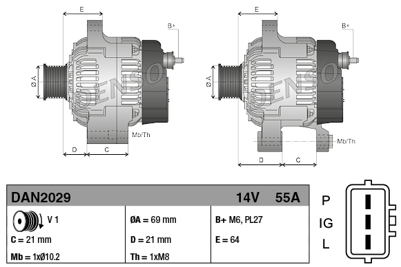 Denso 14V 55A alternator for John Deere 1026R/2026R tractors; machinery alternator, two views shown