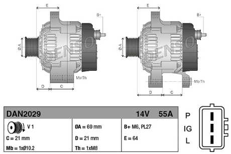 Denso 14V 55A alternator for John Deere 1026R/2026R tractors; machinery alternator, two views shown
