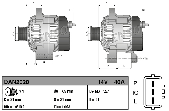 Two Denso 14V 40A machinery alternators for John Deere 3036E/3720, Yanmar, Komatsu.