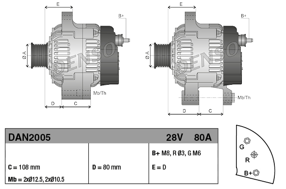 Denso alternator 28V 80A for Caterpillar 10R-9096, two diagrams with B+, C, D, E dimensions and DAN2005 specs