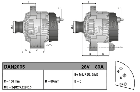 Denso alternator 28V 80A for Caterpillar 10R-9096, two diagrams with B+, C, D, E dimensions and DAN2005 specs