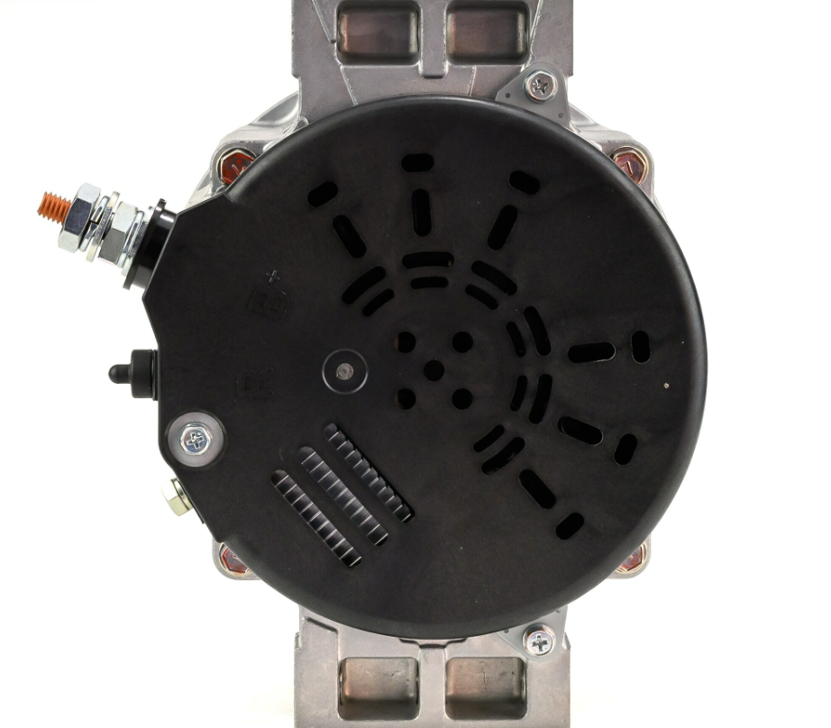 Denso alternator with black circular vented housing and mounting bracket.