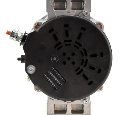 Denso alternator with black circular vented housing and mounting bracket.