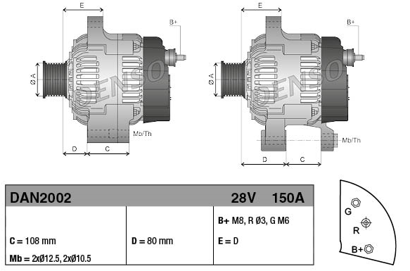 Denso alternator for Caterpillar machinery, 28V 80A, gray housing, shown in two views with mounting dimensions.
