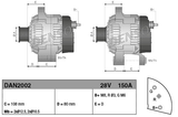 Denso alternator for Caterpillar machinery, 28V 80A, gray housing, shown in two views with mounting dimensions.