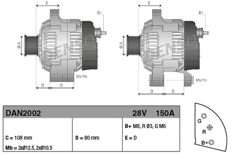 Denso alternator for Caterpillar machinery, 28V 80A, gray housing, shown in two views with mounting dimensions.