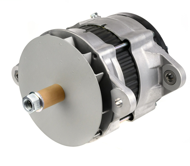 Denso machinery alternator with gray housing and bronze drive shaft for Caterpillar D6R/D6T.