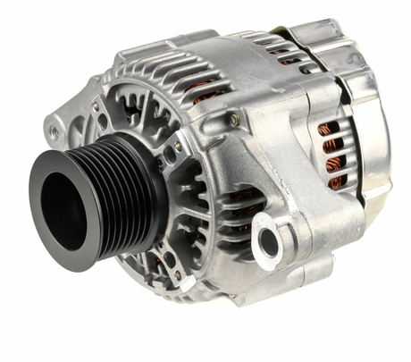 Denso 14V 90A alternator for New Holland B90/LB90/LB95; silver housing with black pulley.