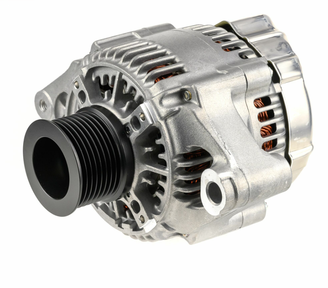 Denso 14V 90A alternator for New Holland B90/LB90/LB95; silver housing with black pulley.