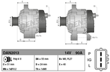 Denso 14V 90A alternator for New Holland B90, LB90, LB95, shown in two side-by-side diagrams.