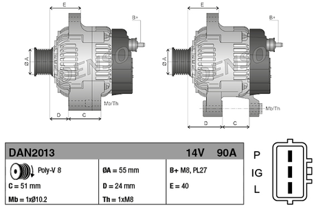 Denso 14V 90A alternator for New Holland B90, LB90, LB95, shown in two side-by-side diagrams.