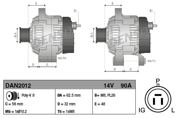 Denso 14V 90A machinery alternator, two units shown for John Deere, dimension diagram