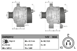Denso 14V 90A machinery alternator, two units shown for John Deere, dimension diagram