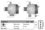 Denso alternator 14V 60A for Toyota; two-view schematic with mounting dimensions and connector visible