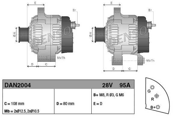 Denso alternator, 28V 95A for Caterpillar 320E; two-view diagram with C=108mm, D=80mm.