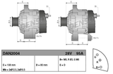 Denso alternator, 28V 95A for Caterpillar 320E; two-view diagram with C=108mm, D=80mm.
