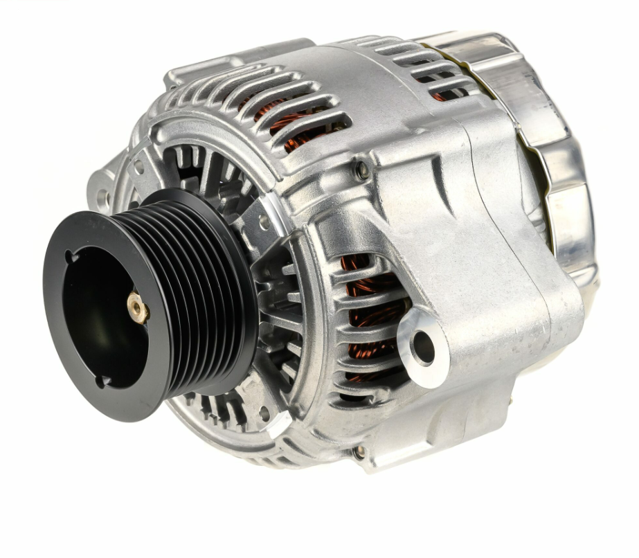 Denso alternator for John Deere machinery, 28V 60A, silver aluminum housing with black pulley