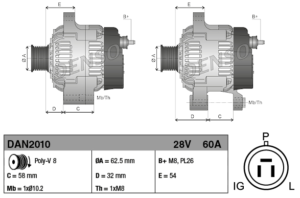 Denso alternator 28V 60A for John Deere machinery, two views with mounting dimensions and B+ terminals