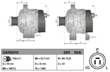 Denso alternator 28V 60A for John Deere machinery, two views with mounting dimensions and B+ terminals