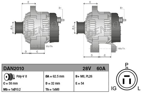 Denso alternator 28V 60A for John Deere machinery, two views with mounting dimensions and B+ terminals