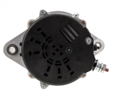 Machinery alternator with black circular vented housing and mounting bracket