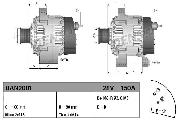 Denso machinery alternator shown in two views, 28V 150A, Caterpillar compatible (924H, D6R, D6T)