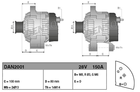 Denso machinery alternator shown in two views, 28V 150A, Caterpillar compatible (924H, D6R, D6T)