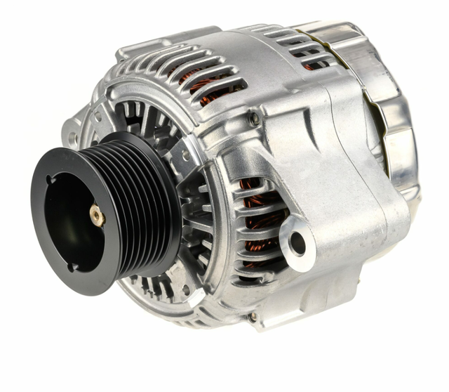 Denso machinery alternator with black multi-groove pulley and silver aluminum housing