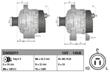 Denso alternator, 14V 140A, for John Deere; two schematic views and data plate