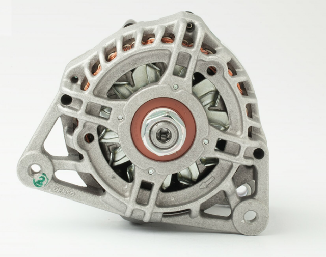 Denso alternator, 14V 120A, silver aluminum housing with copper windings, Perkins.