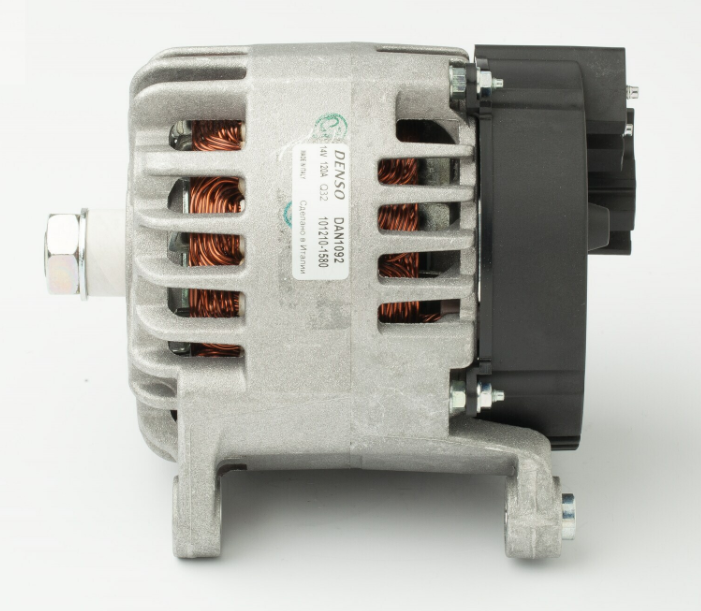 Denso alternator 14V 120A with silver aluminum housing and black rear housing
