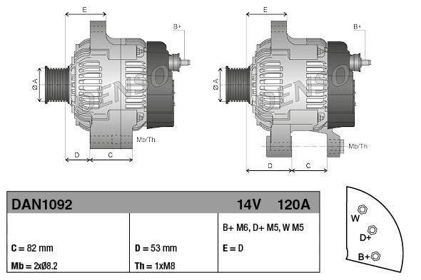 Denso 14V 120A alternator, model DAN1092 for Perkins, shown in two views with mounting dims: C 82 mm, D 53 mm; B+ M6, D+ M5, W M5.
