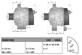 Denso 14V 120A alternator, model DAN1092 for Perkins, shown in two views with mounting dims: C 82 mm, D 53 mm; B+ M6, D+ M5, W M5.