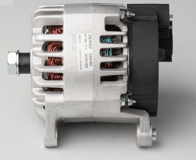 Denso 14V 100A machinery alternator with silver aluminum housing and black rear end cap