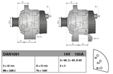 Denso alternator 14V 100A for Perkins 1004 Agrar, two side-view diagrams showing mounting dimensions