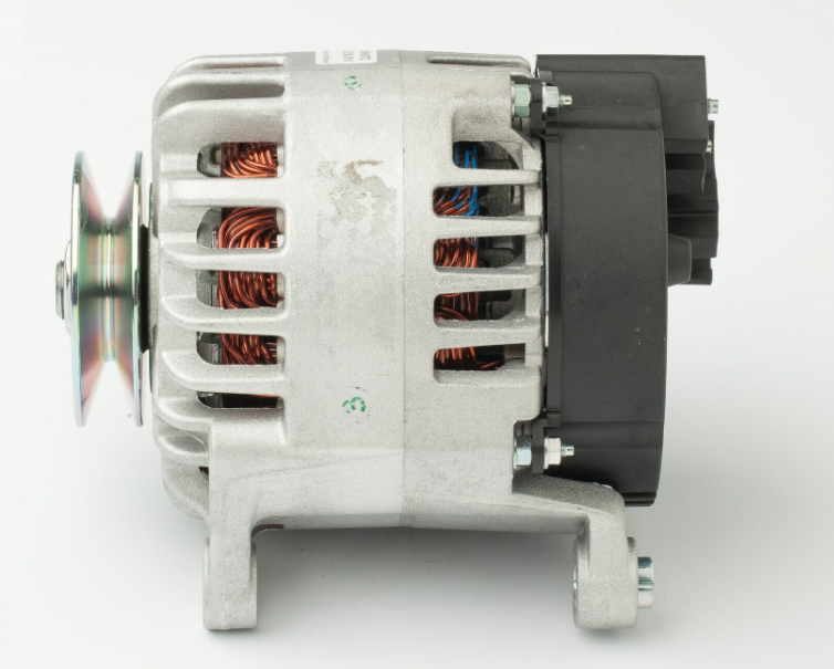 Denso alternator with silver aluminum housing and visible copper windings