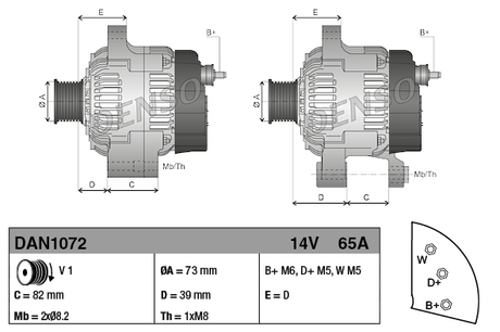 Denso 14V 65A machinery alternator shown with two dimensioned diagrams (DAN1072) for Perkins 400 Series