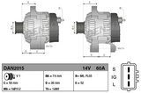 Denso alternator 14V 60A for Toyota; dual-view technical diagram showing mounting dimensions and B+ terminal