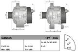 Denso alternator DAN655, 14V 85A, two-view mounting-dimension diagram for JCB 500 Series and Perkins 1004.