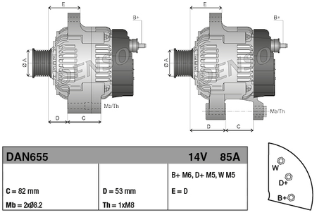 Denso alternator DAN655, 14V 85A, two-view mounting-dimension diagram for JCB 500 Series and Perkins 1004.