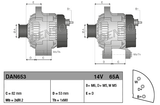 Denso 14V 65A machinery alternator for JCB 525-50 and Perkins 1004; dual diagrams with mounting dimensions (DAN653)