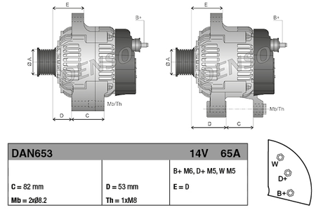 Denso 14V 65A machinery alternator for JCB 525-50 and Perkins 1004; dual diagrams with mounting dimensions (DAN653)