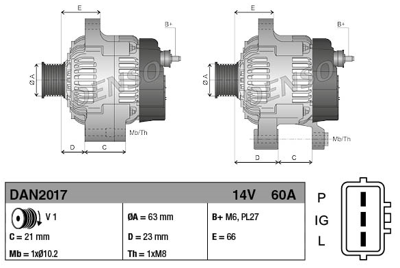 Denso machinery alternator, 14V 60A, two side-by-side diagrams with mounting dimensions (ØA 63 mm, E 66 mm).